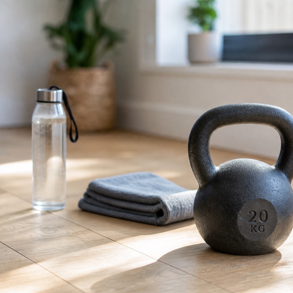Dunkle Kettlebell auf hellem Holzboden neben einem gefalteten Handtuch und einer Wasserflasche in einem hellen Raum