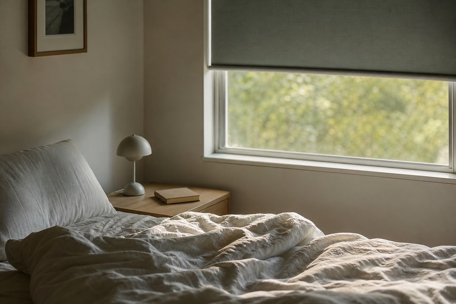Aufgeräumtes Schlafzimmer bei Sonnenaufgang mit weißem Leinen-Bettzeug und halb gesenkter Jalousie, durch die sanftes Licht fällt